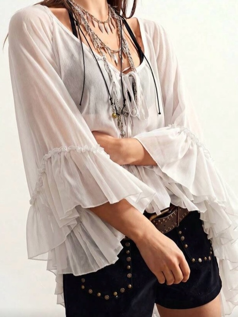 Boho Ruffle Sheer Peasant Top - off white - Picture 4 of 7